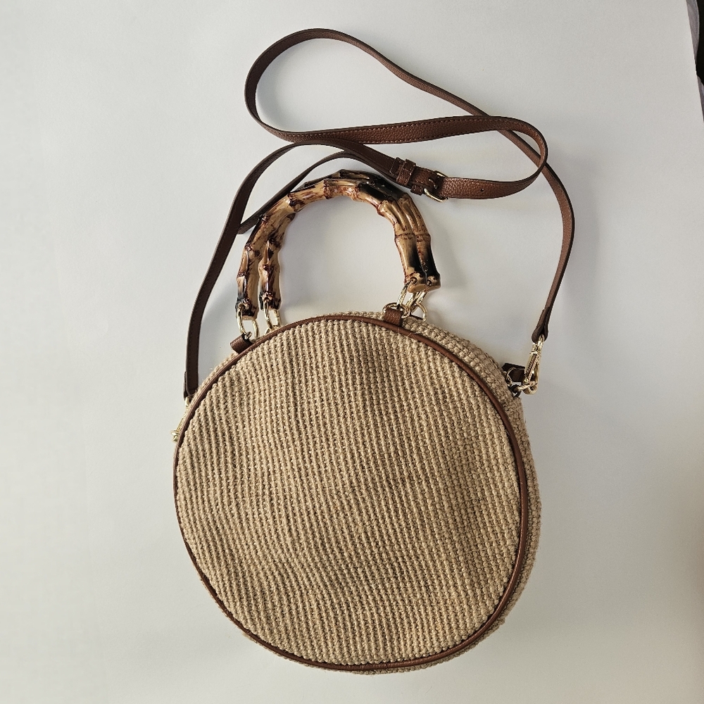 Chico's Round Circle Bag Jute Shell Beaded Design Bamboo Handle Beachy - Picture 3 of 8